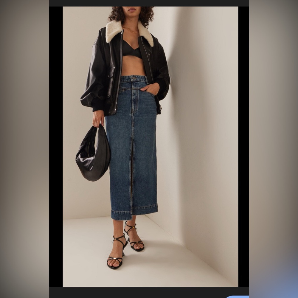 KHAITE Neer Denim Midi Skirt Size 26 Front Slit High Rise Designer Midi